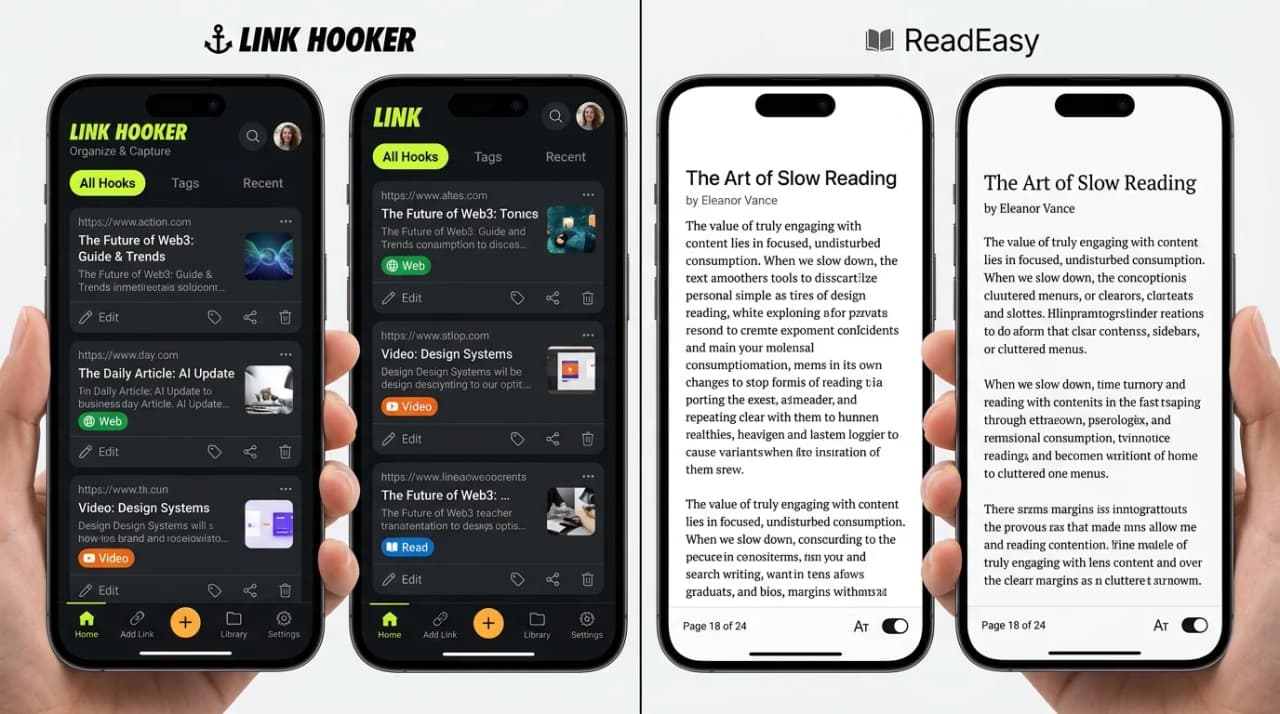 link hooker mobile dashboard next to a reading-focused app interface