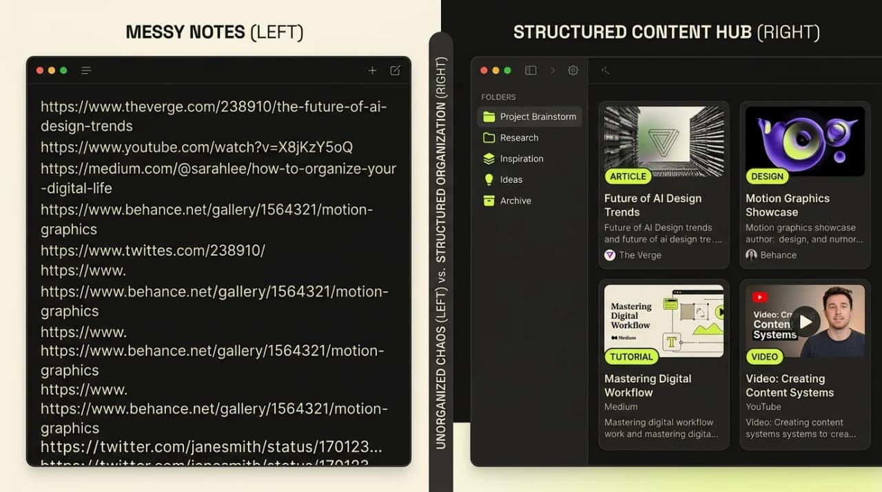 raw pasted urls in a notes app with no organization compared to organized hook cards