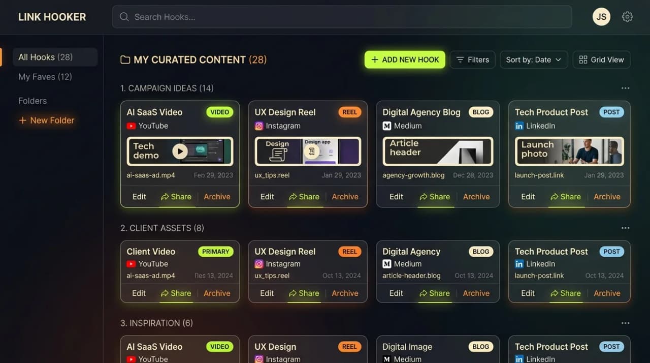 link hooker dashboard showing auto-fetched hook cards organized by content type