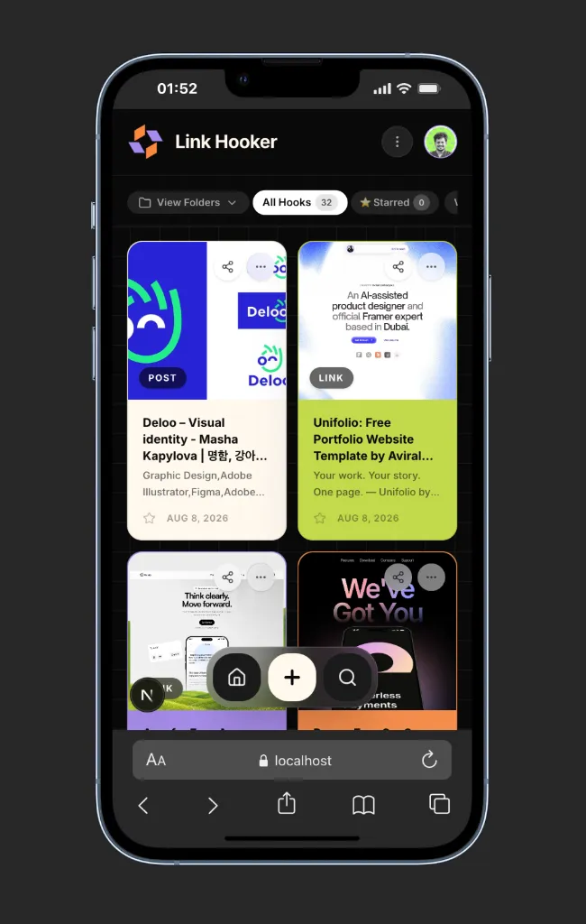 Link Hooker mobile app showing organized hooks with visual previews